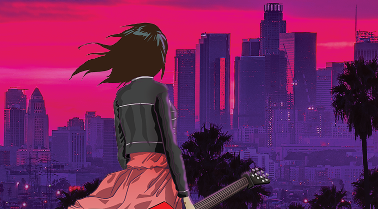 Une jeune fille avec une guitare devant une ville sous un coucher de soleil
